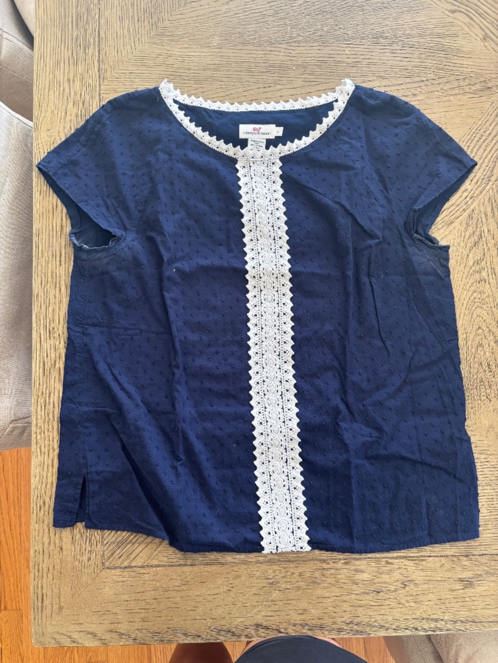 Vineyard Vines Navy Top with White Crochet Trim